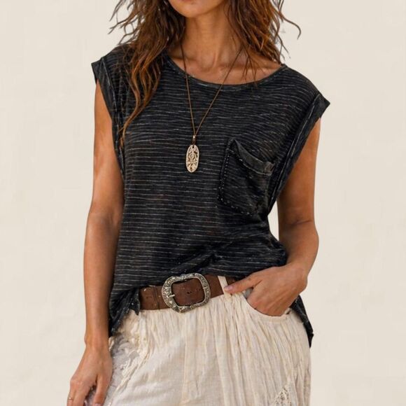 Free People Tops - Free people grey charcoal slouchy oversized relaxed pocket tee | striped XS